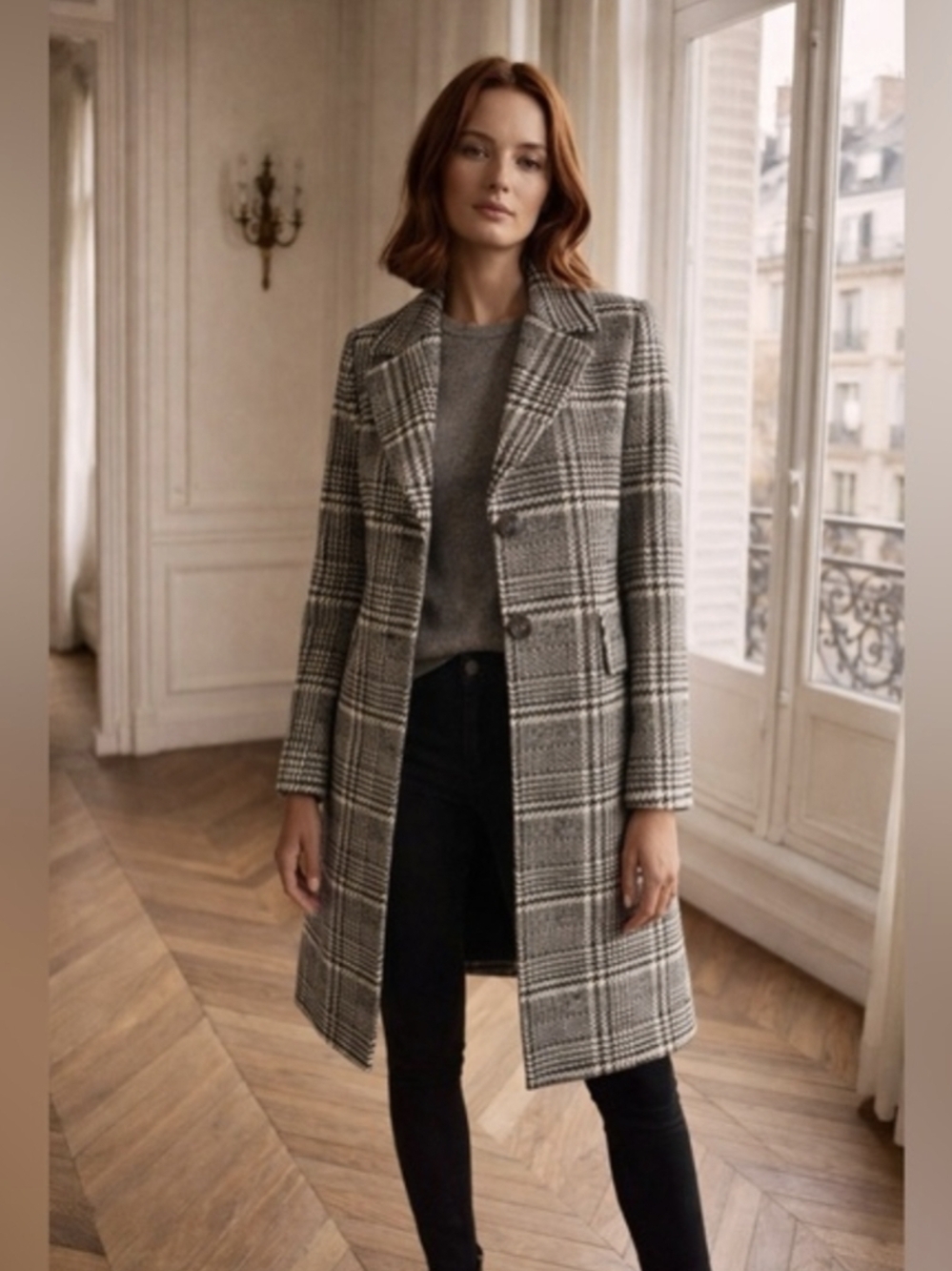 Sam Edelman Wool Blend Peacoat Houndstooth Size Small Black White Grey